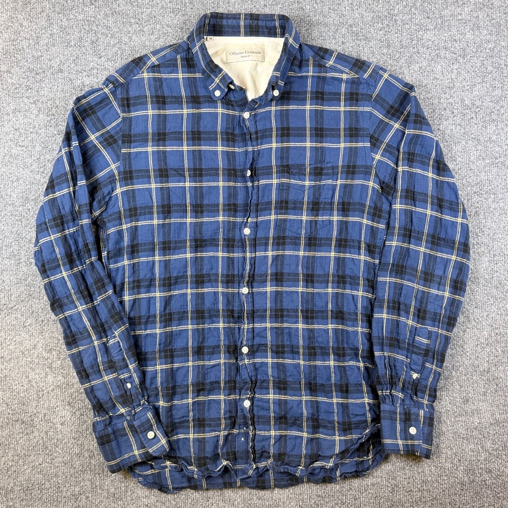 Officine Generale Shirt Mens M Blue Plaid Flannel Button Up Cotton Long Sleeve